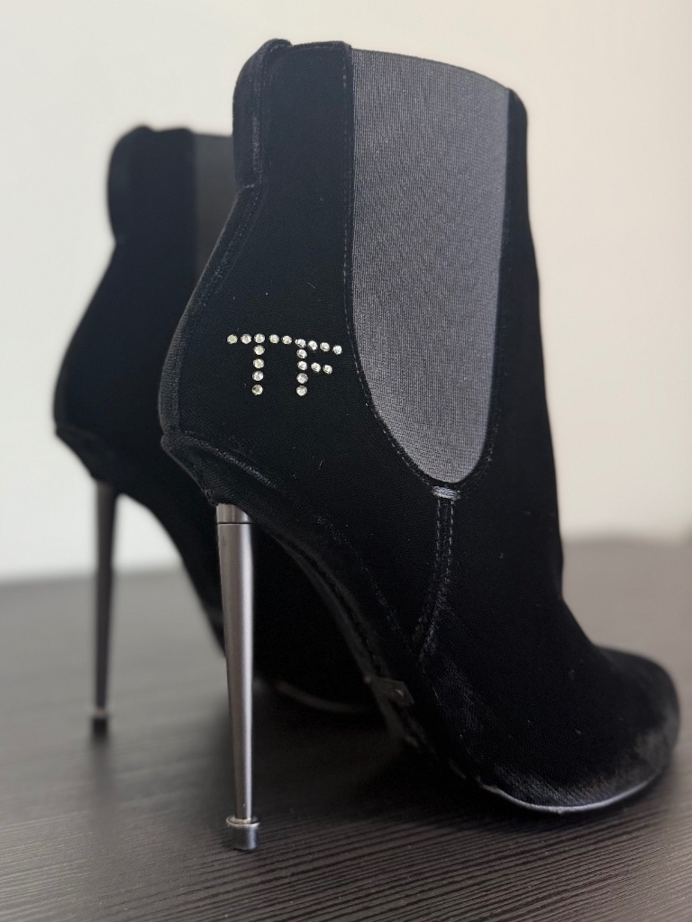 Tom Ford Black Velvet Boots with Crystal TF logo